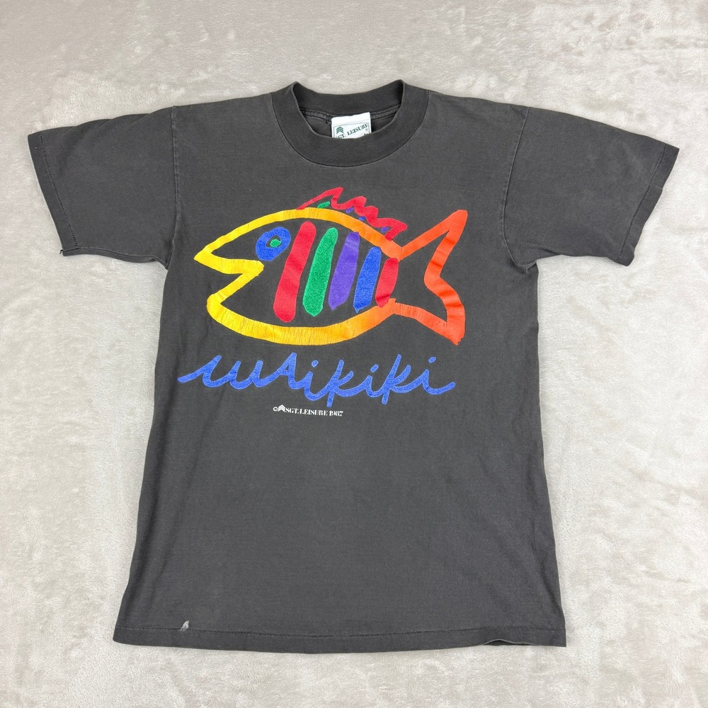 VTG 80s Sgt Leisure T-Shirt Waikiki Men M (Fit XS-S) Black Wash Fish Hawaii Surf